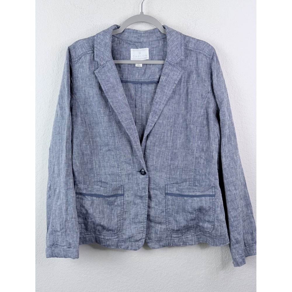 Caslon 100% Linen Blazer Women's L Blue Chambray One Button Coastal Lightweight